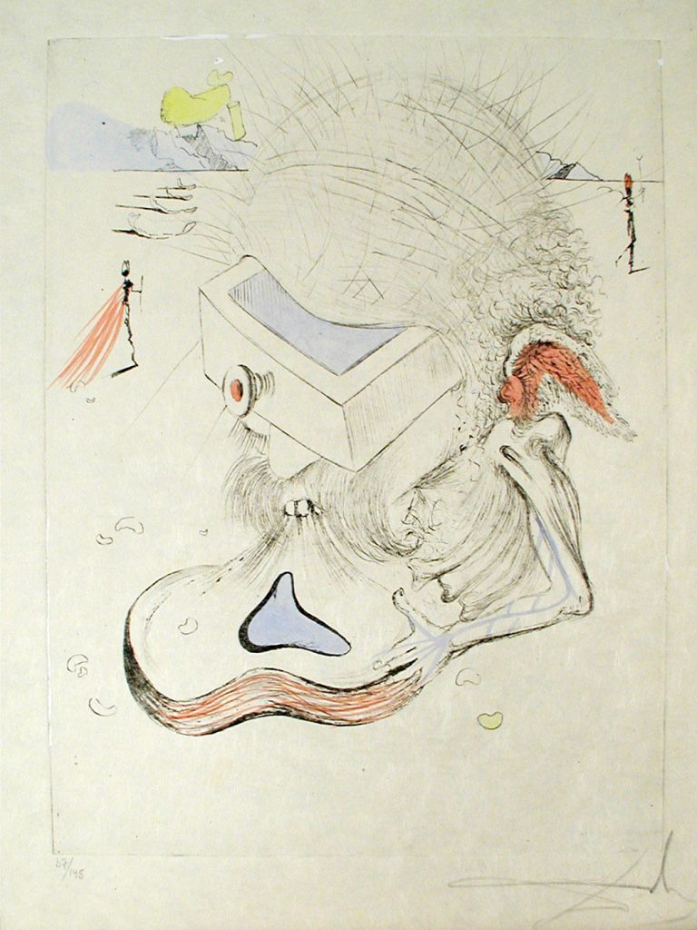 A drawing of an abstract face with various colors.