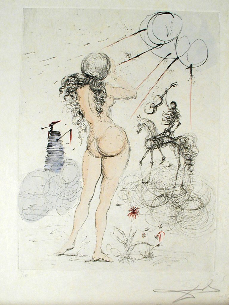 A drawing of a woman with a horse and skeleton.