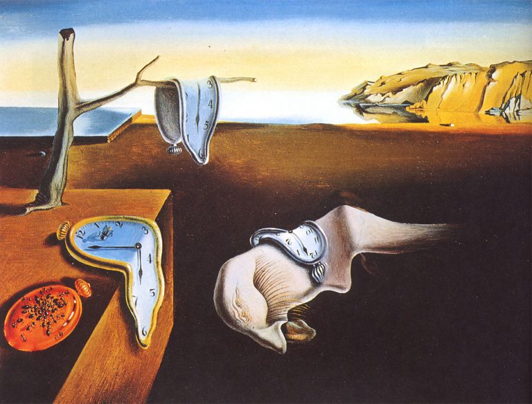 A painting of clocks and an animal in the middle of a desert.