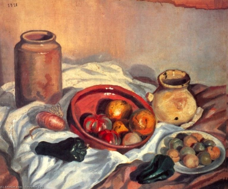 A painting of fruit and vegetables on a table.