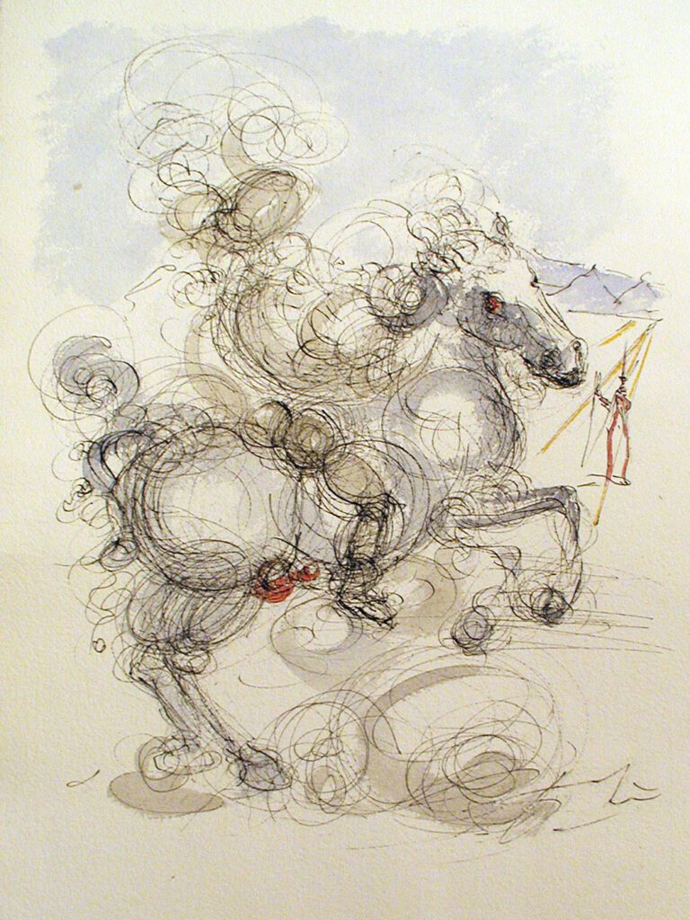 A drawing of a horse and rider in motion.