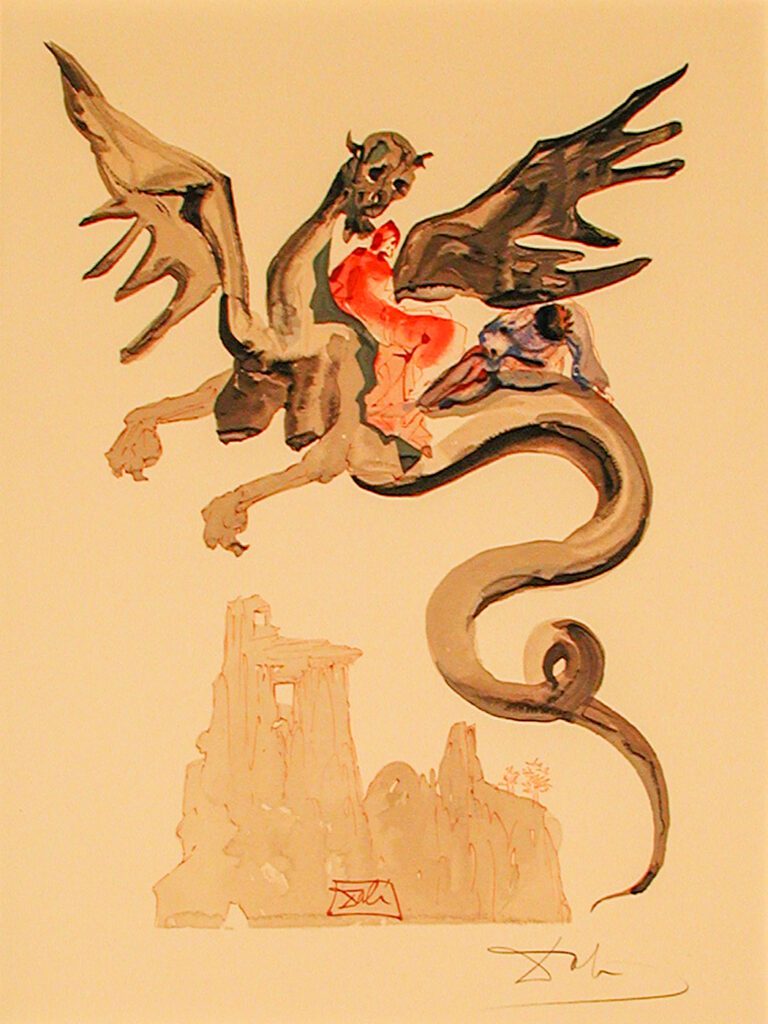 A painting of a dragon with a castle in the background.