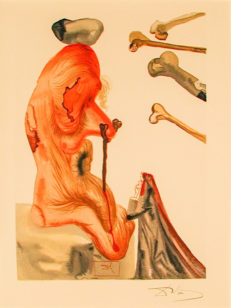 A painting of a man with a cane and some bones