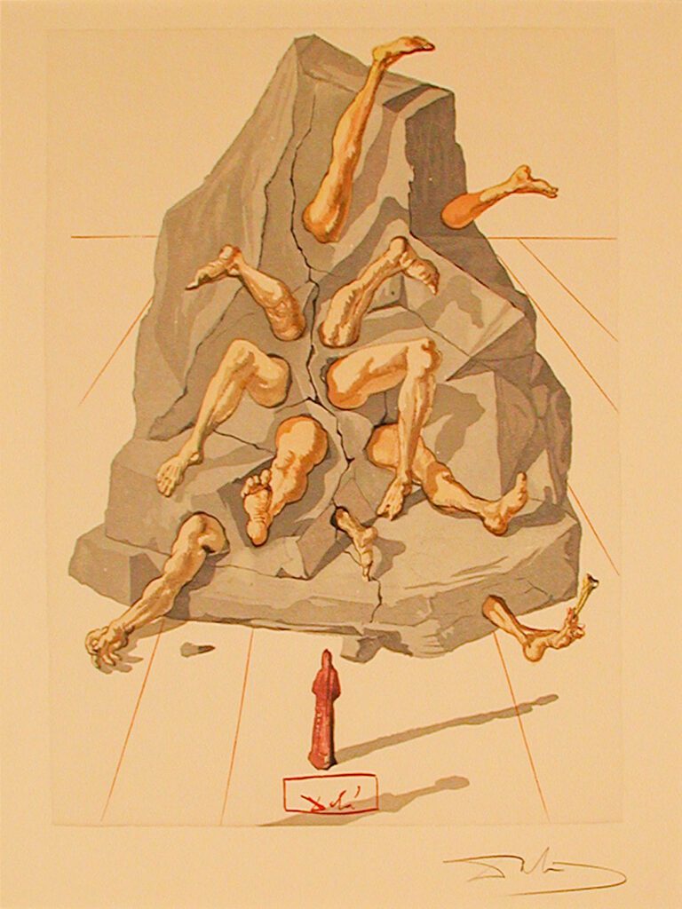 A painting of naked people sitting on top of a rock.