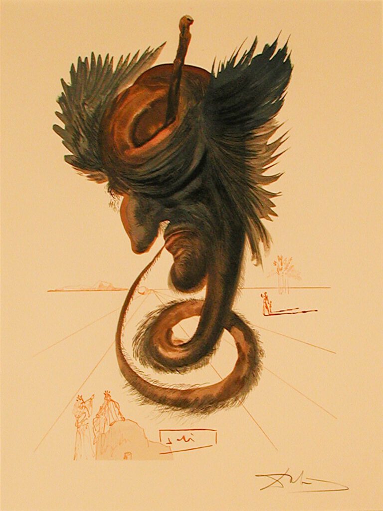 A drawing of an animal with long horns and a tail.