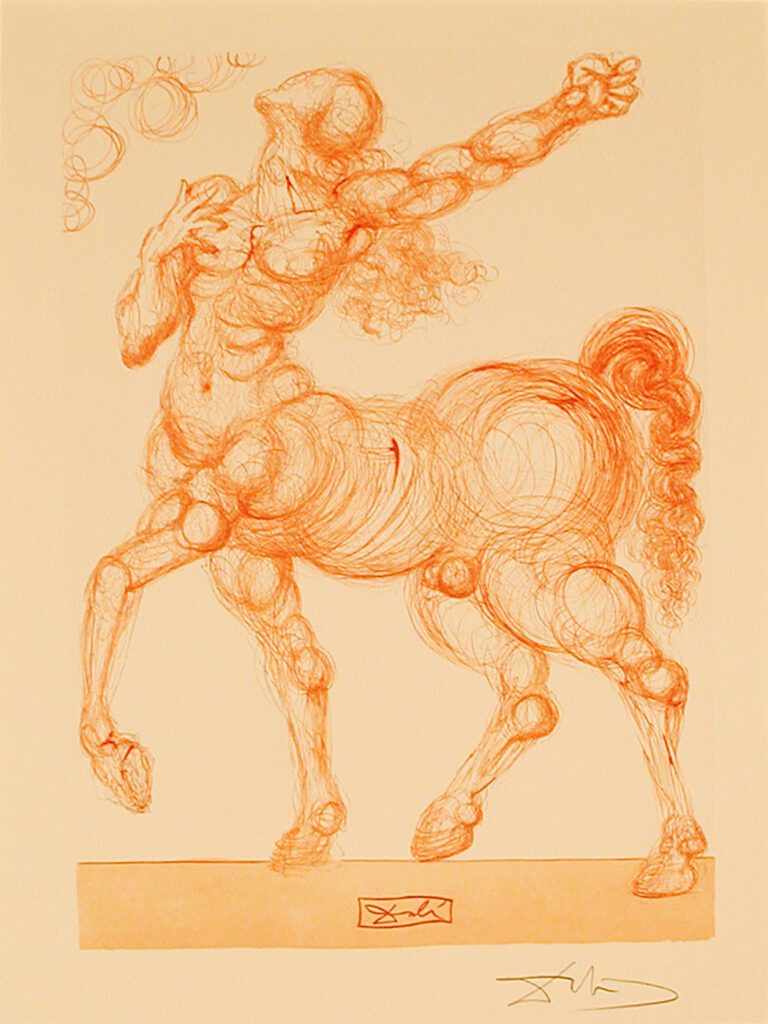 A drawing of a horse with a man on it's back.