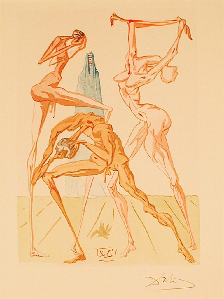 A drawing of three people in different poses.