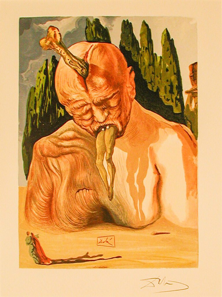 A painting of an old man with horns on his head.