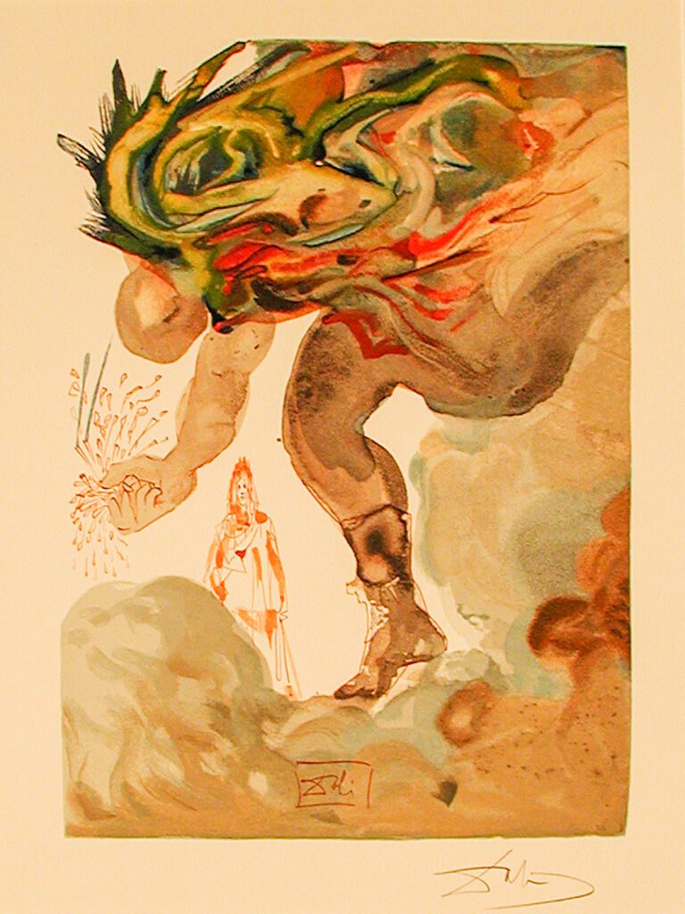 A painting of a person with a snake on their head.