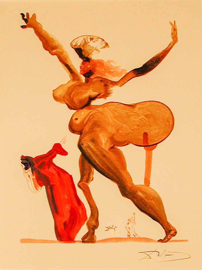 A painting of a woman standing on top of a pole.