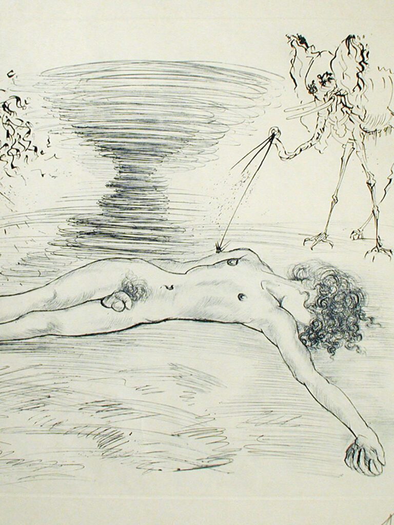 A drawing of a naked man laying on the ground.