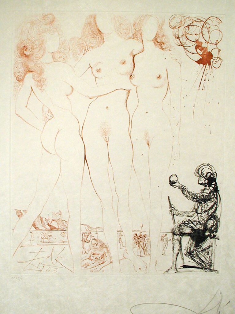 A drawing of two women and a man.