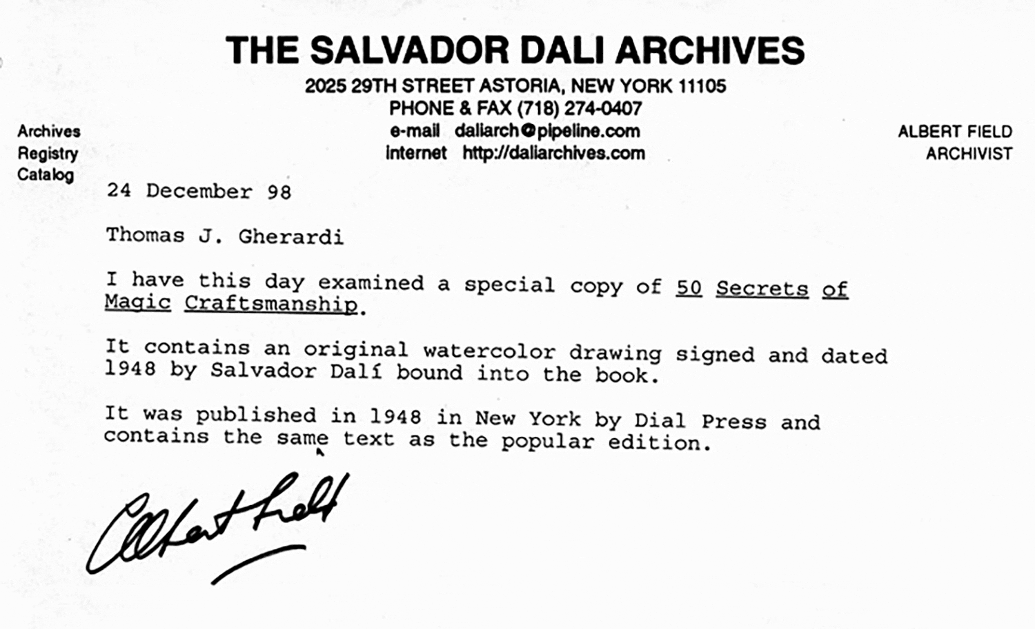 A signed letter from salvador dali