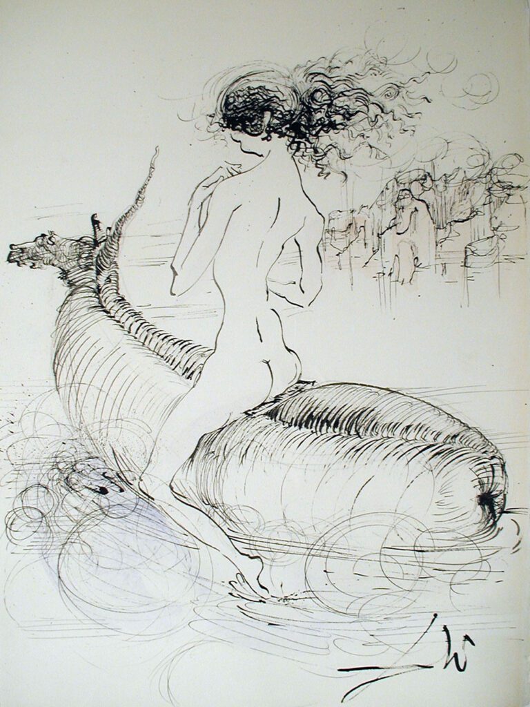 A Woman Riding a Unicorn Artwork With a Pen