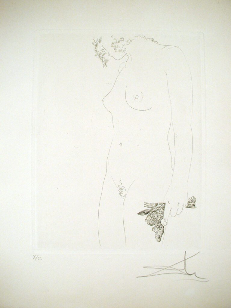 A drawing of a woman standing naked with her hands on the side.