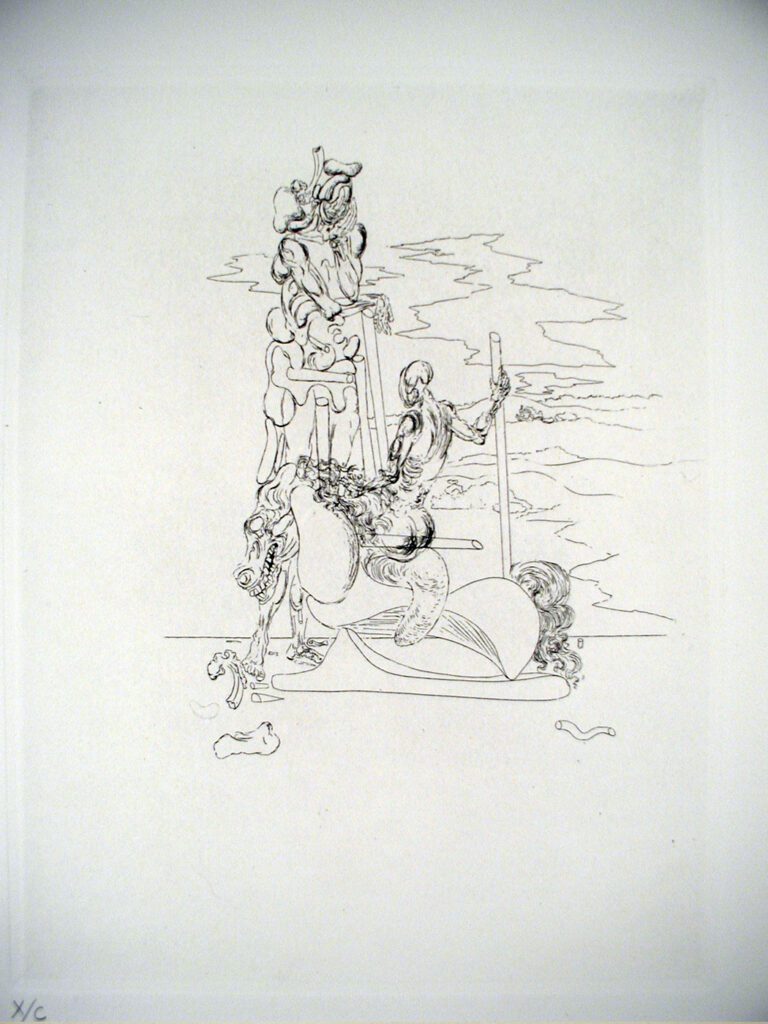 A drawing of two people on horses