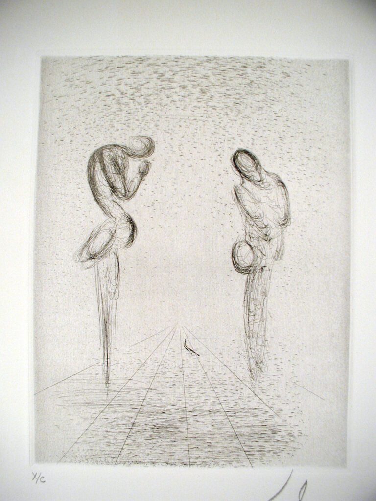 A drawing of two people standing on one side and another person sitting on the other.