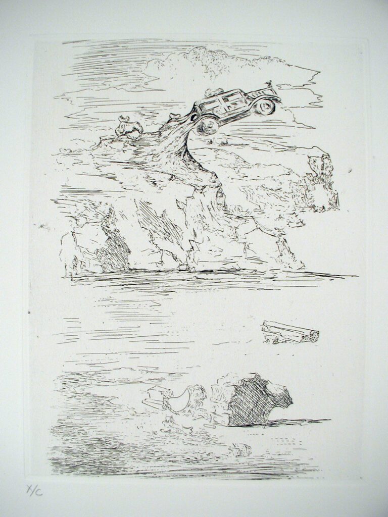 A drawing of clouds and water with a boat in the background.