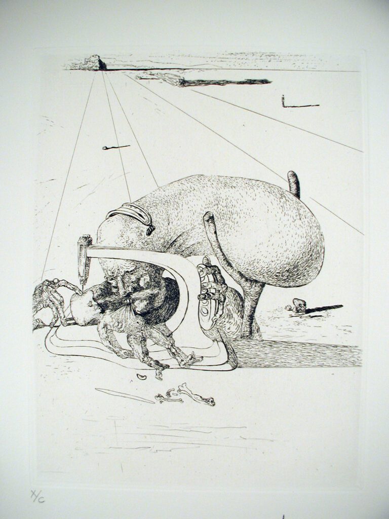 A drawing of an elephant and its trainer.