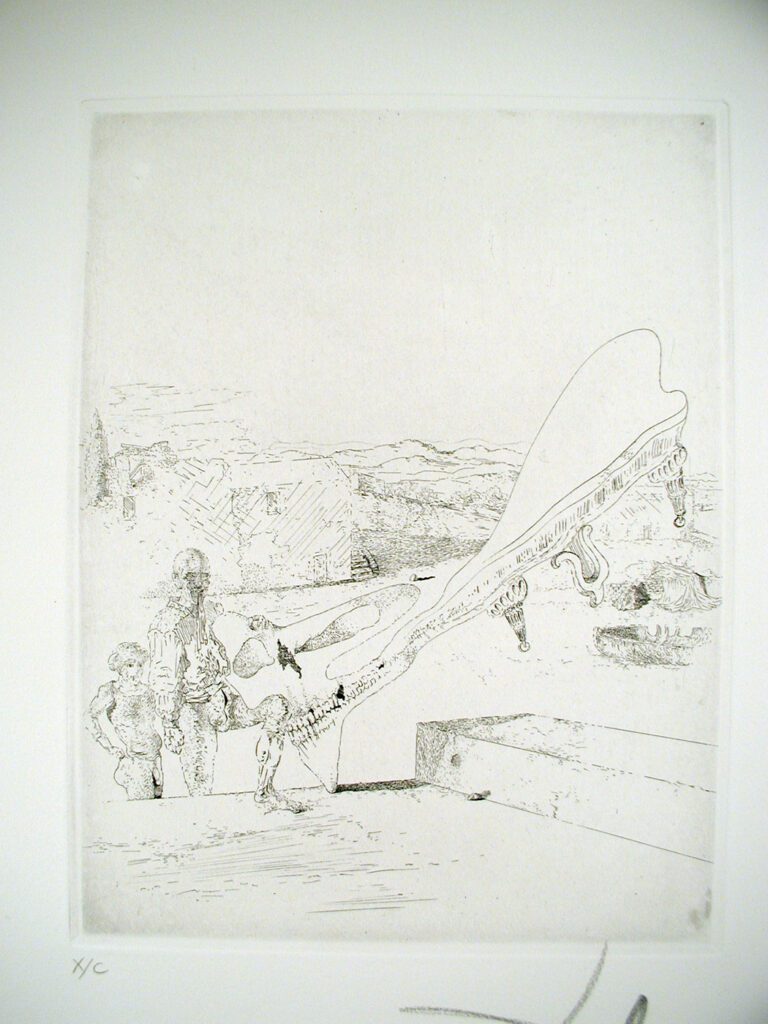 A drawing of people standing on top of a hill.