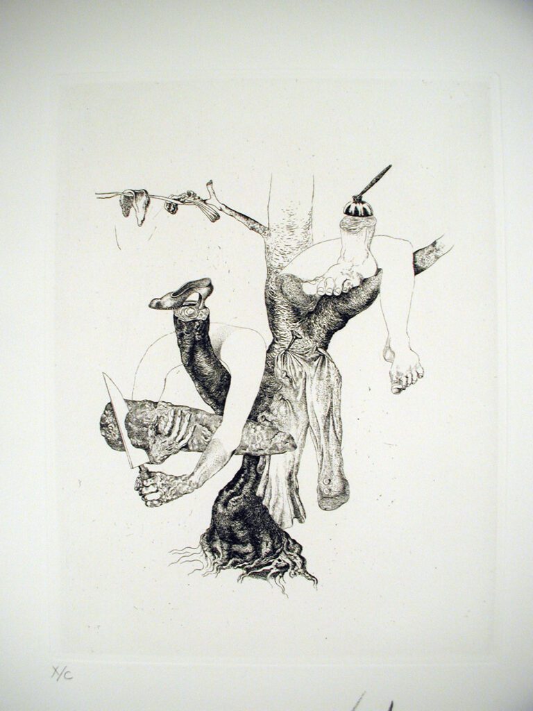 A drawing of animals and plants in the air.