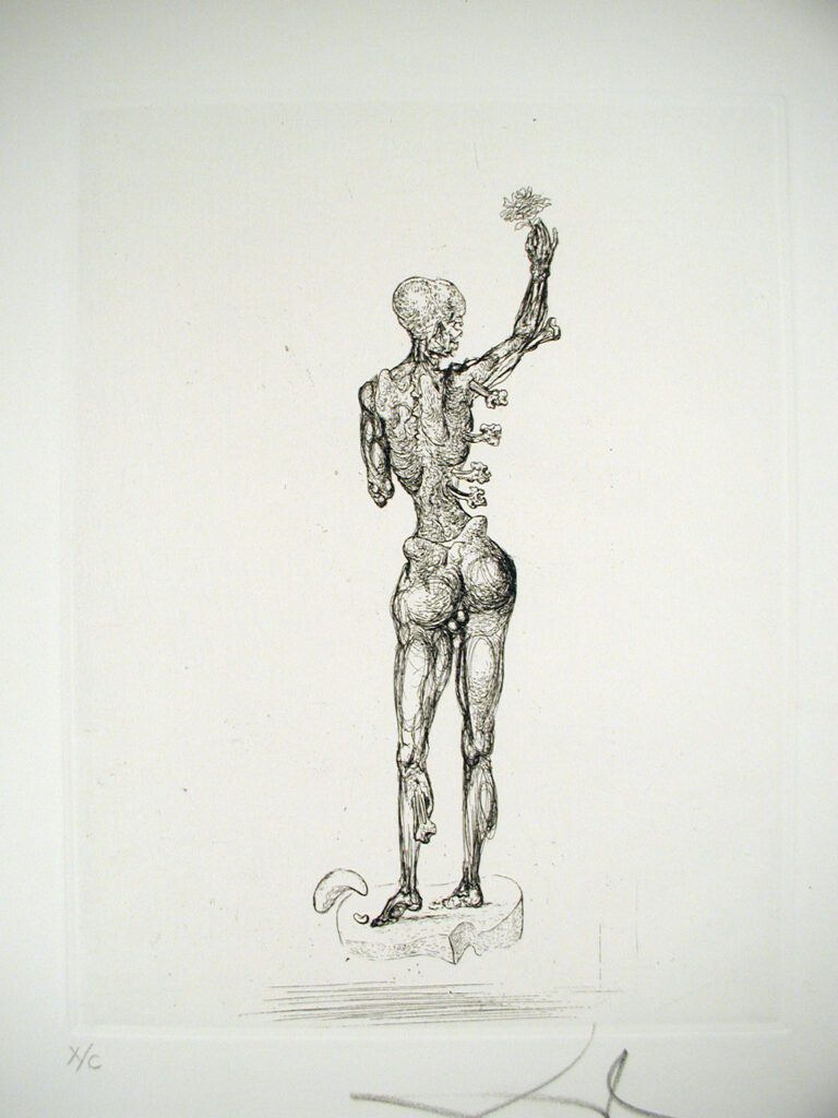 A drawing of a skeleton with one arm raised.