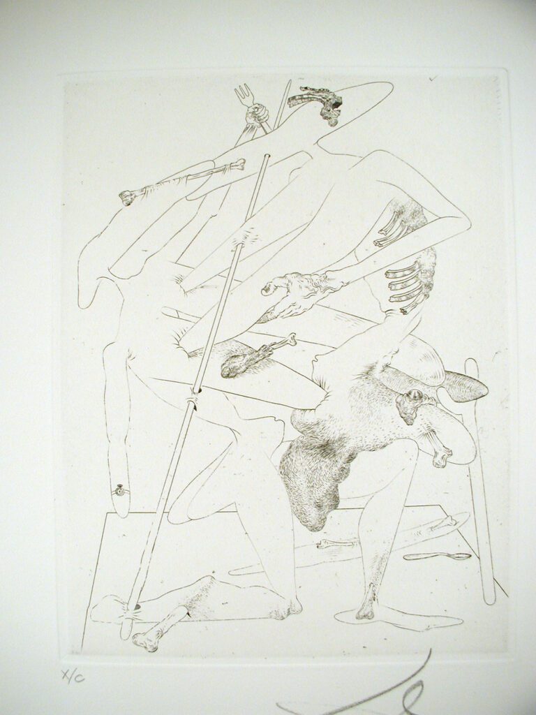 A drawing of a man holding a pole