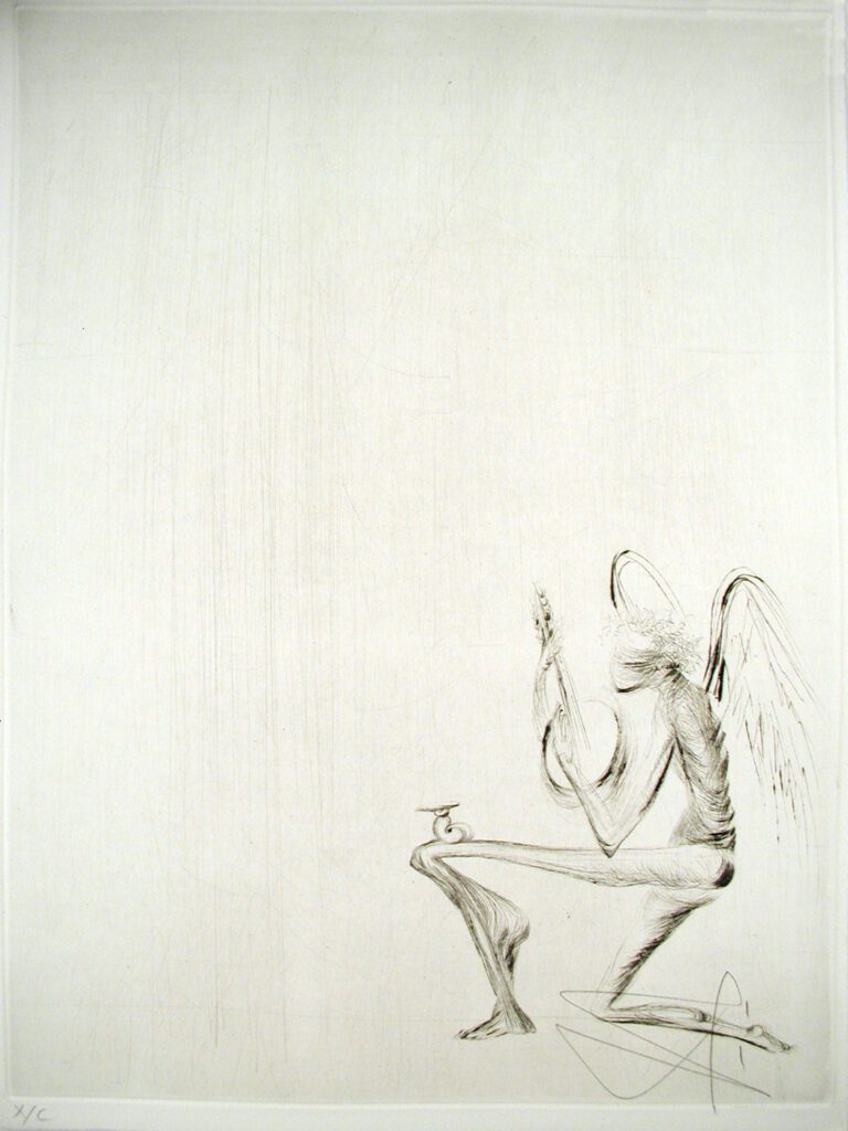 A drawing of an angel sitting on top of a glass.