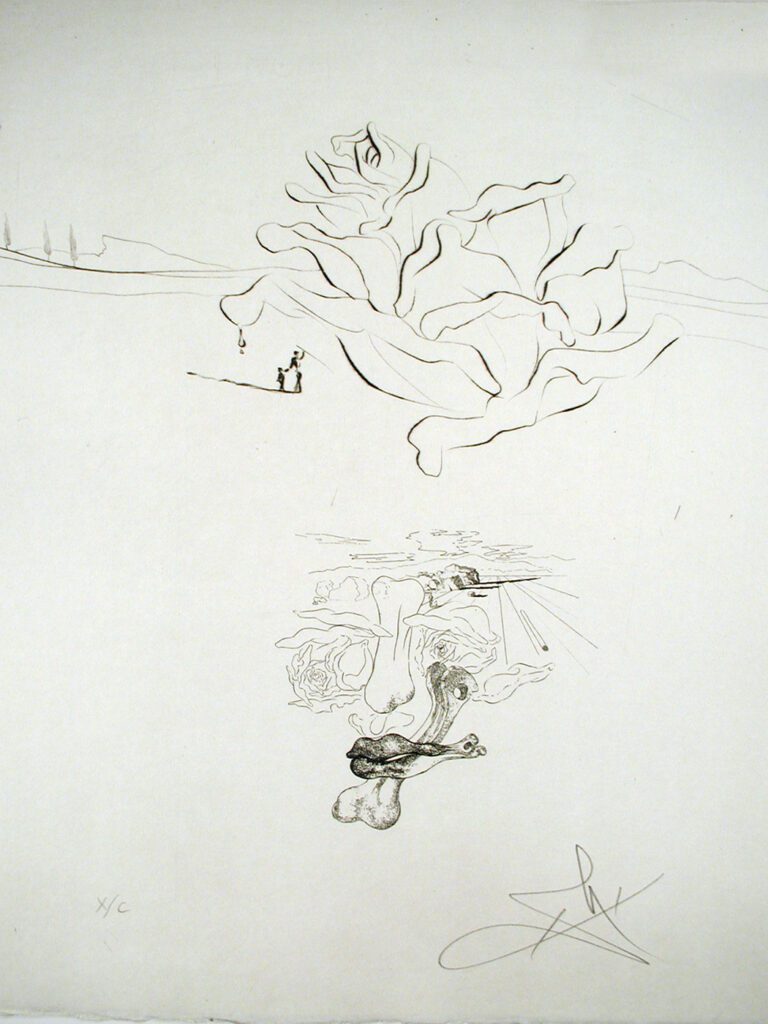 A drawing of two people standing in front of trees.