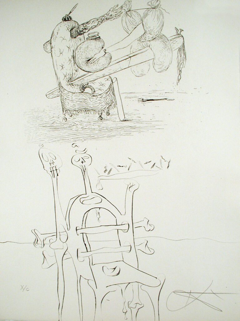 A drawing of two different scenes with one being an elephant and another is a chair.