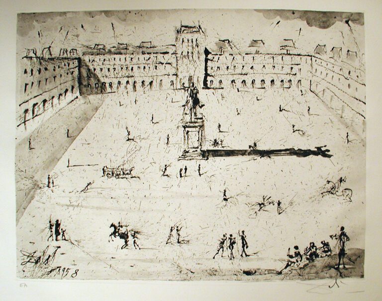 A drawing of an old town square with people and horses.