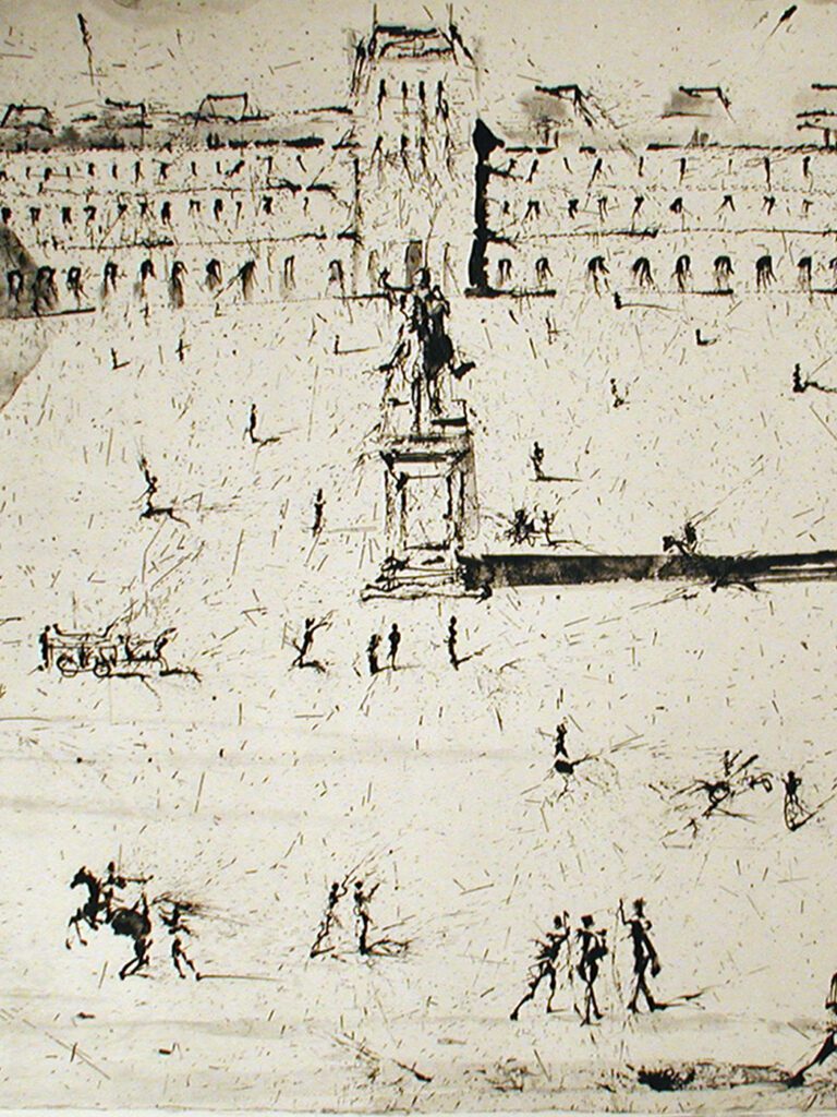 A Horse Statue in Black Ink With a Group of People