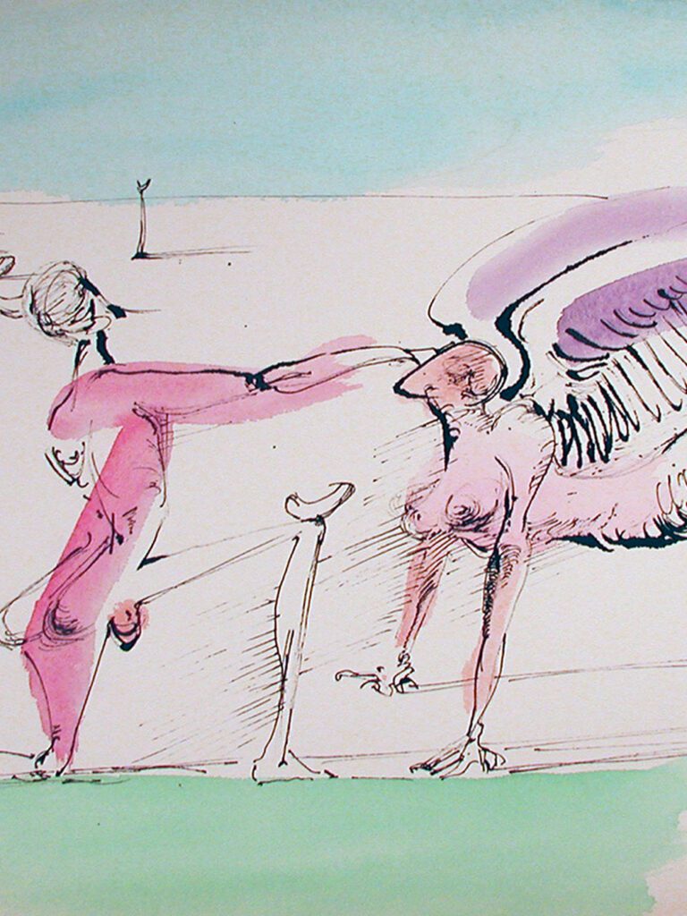 A drawing of two people with wings on their backs