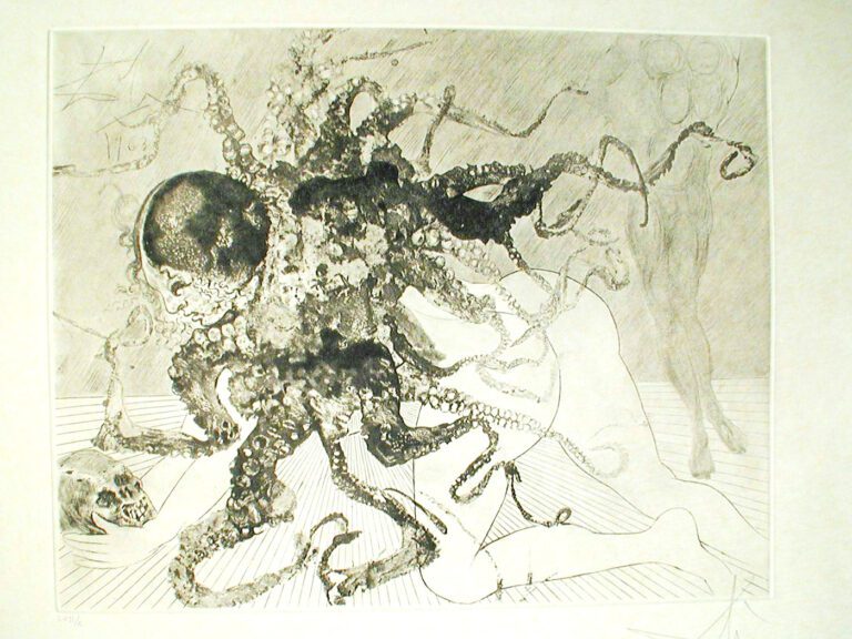 A drawing of an octopus with tentacles and a ball.