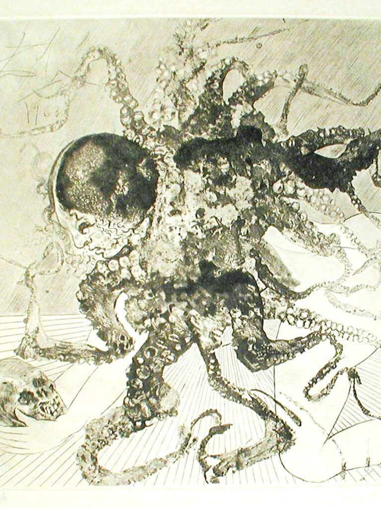 A black and white photo of an octopus.