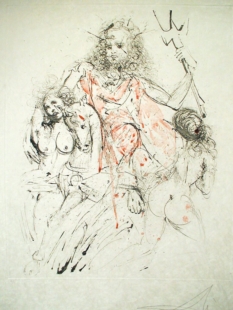 A drawing of a woman holding a spear and two men.