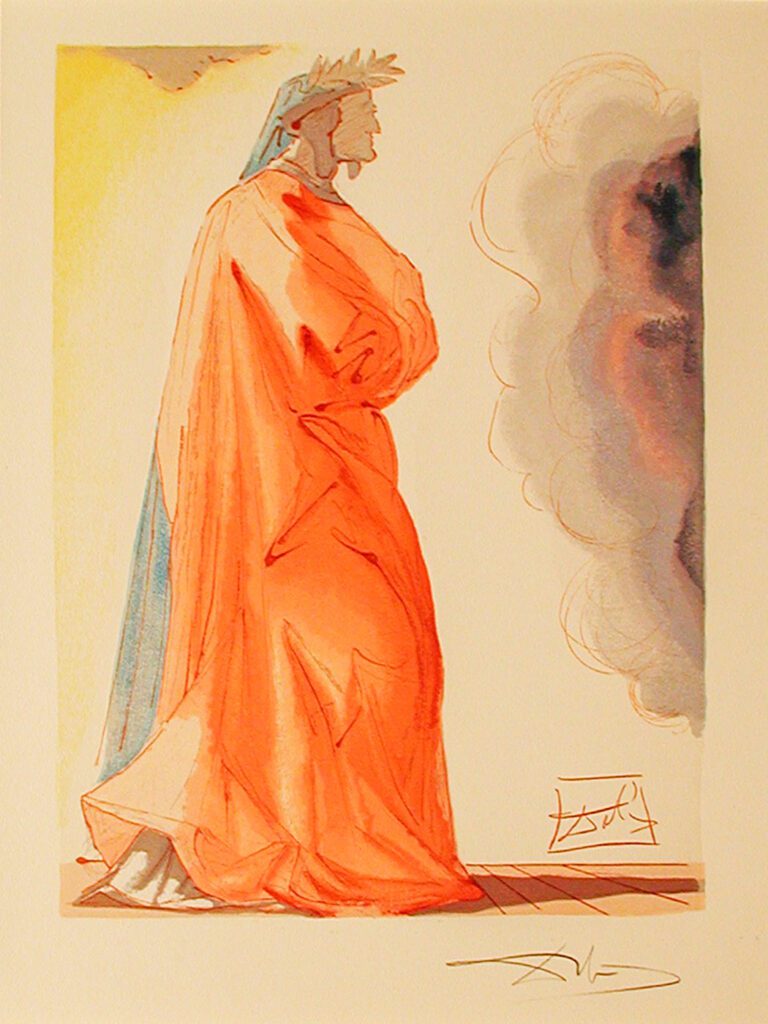 A painting of a woman in an orange robe.