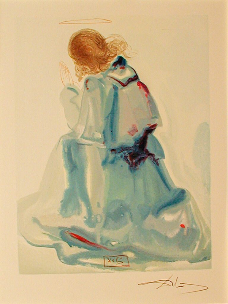 A painting of a woman in blue dress