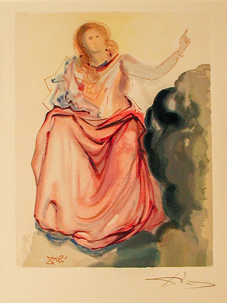 A painting of a woman in red dress