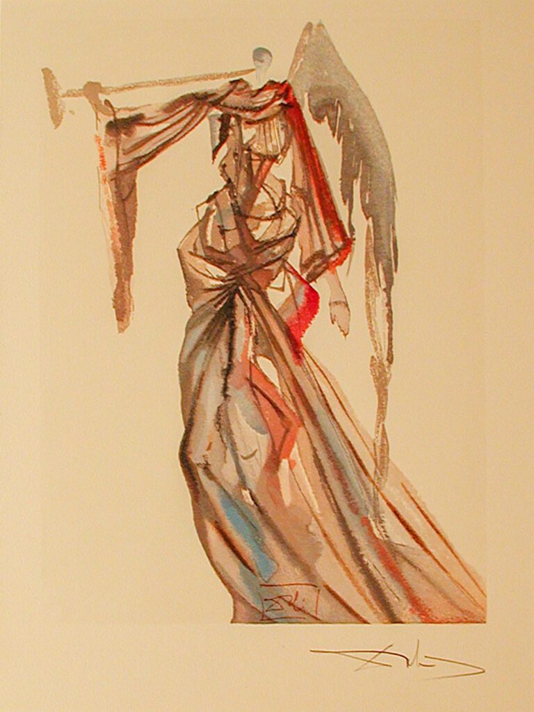 A painting of an angel holding a sword.