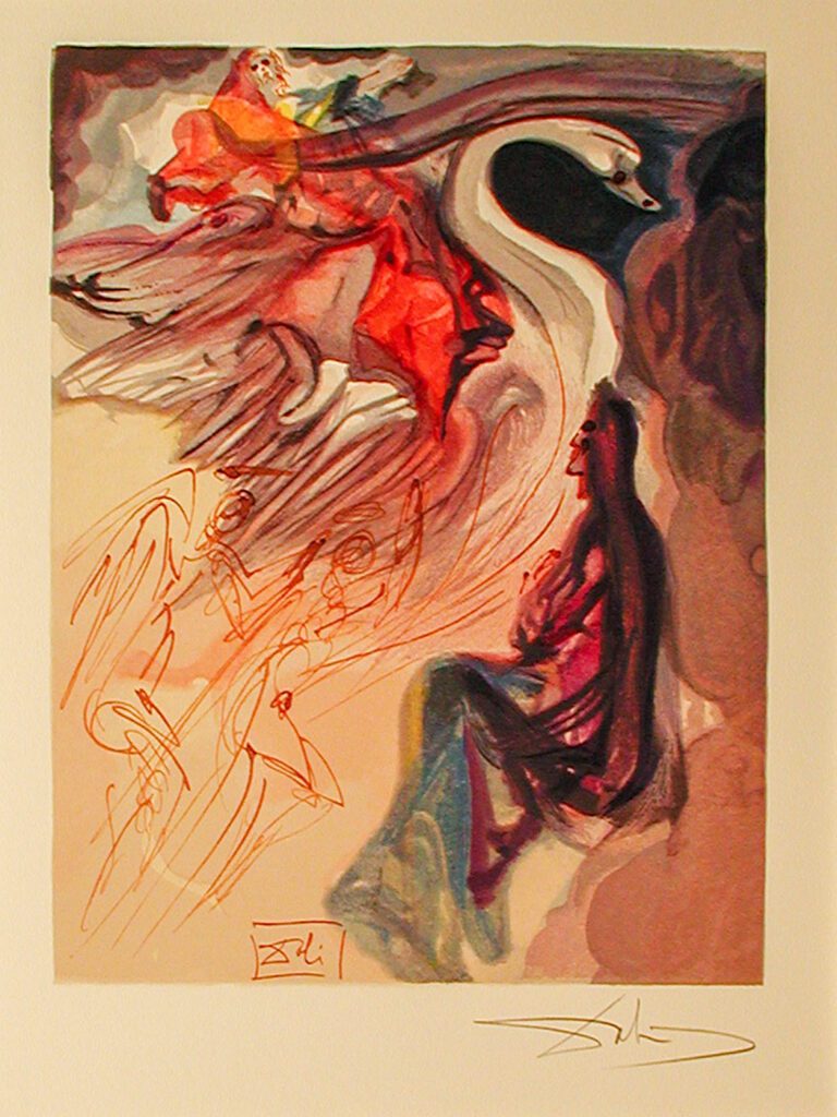 A painting of an abstract scene with red and white colors.