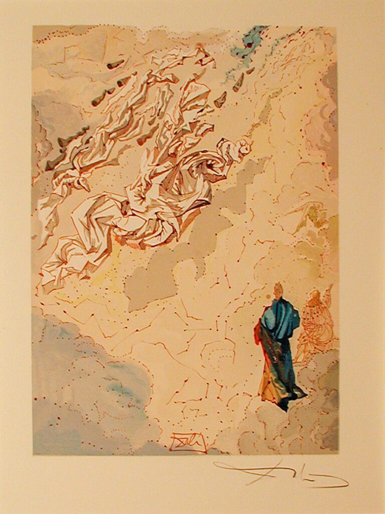 A painting of a man standing in front of an abstract sky.