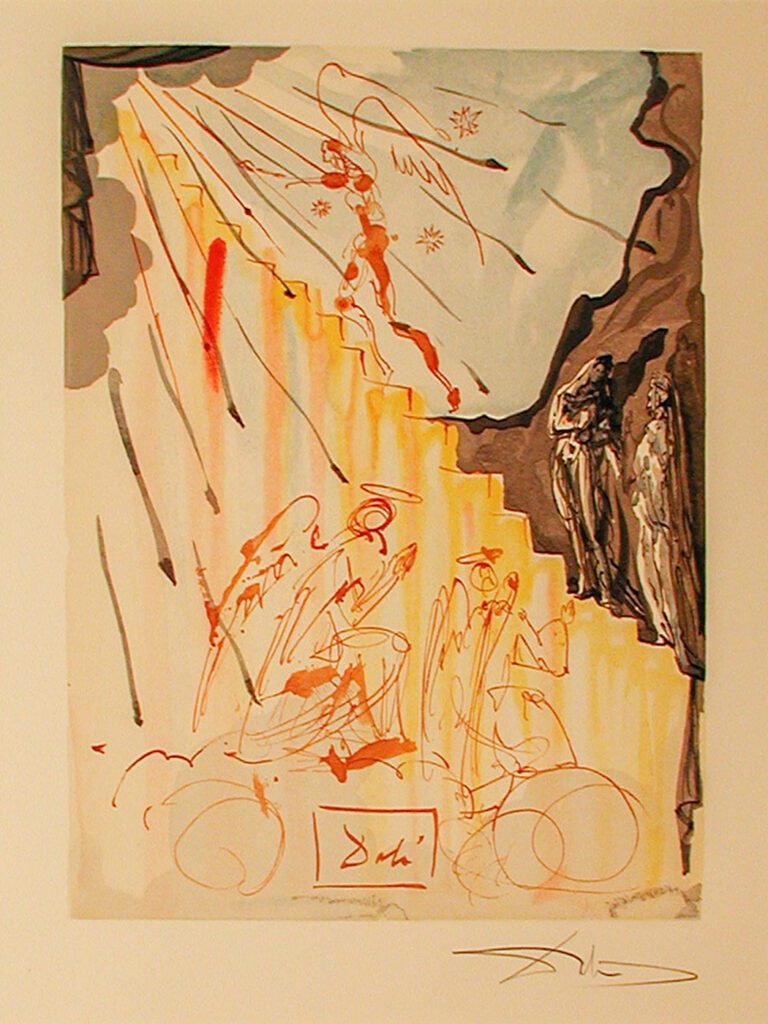 A painting of people on bicycles in the sun.