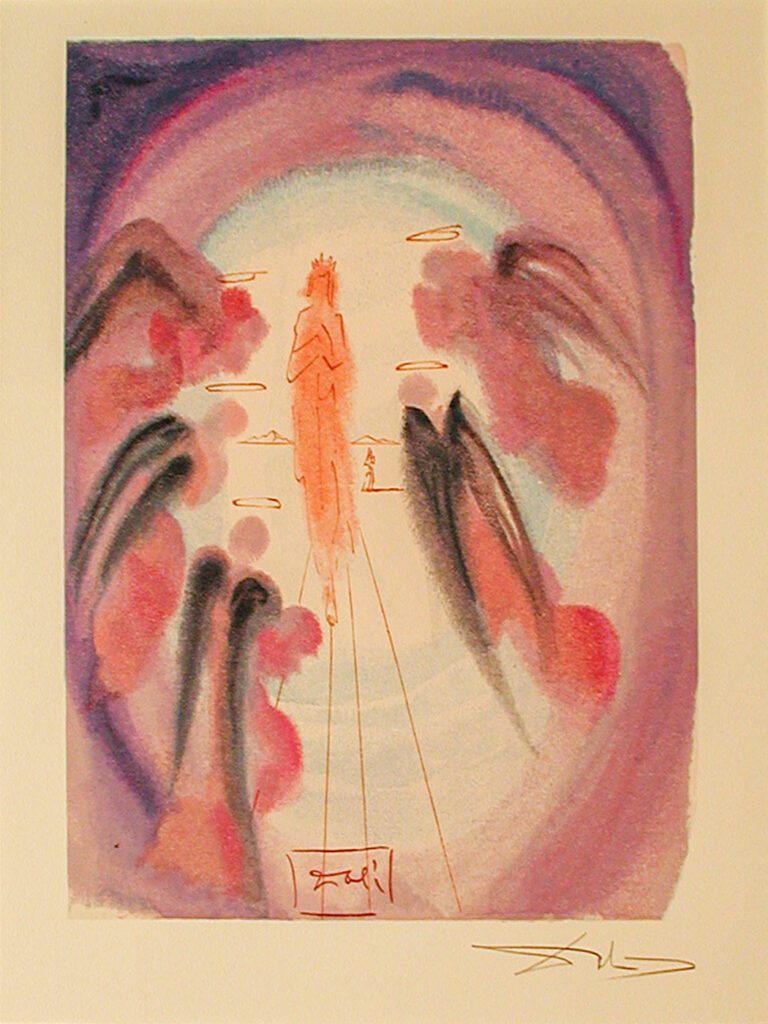 A painting of a person walking through the air