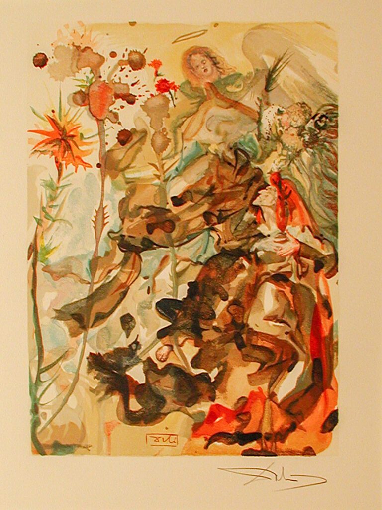 A painting of flowers and leaves in the background.