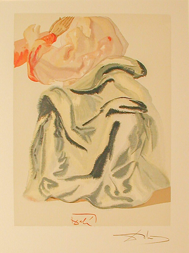 A painting of a draped cloth and a red object.