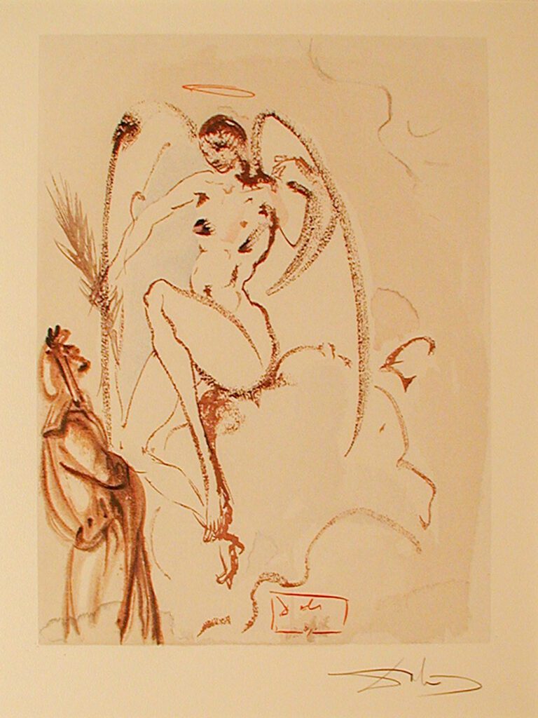 A drawing of a woman with a sword and a bird.