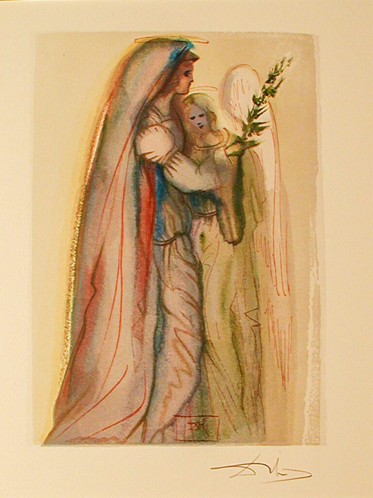 A painting of an angel holding a child.