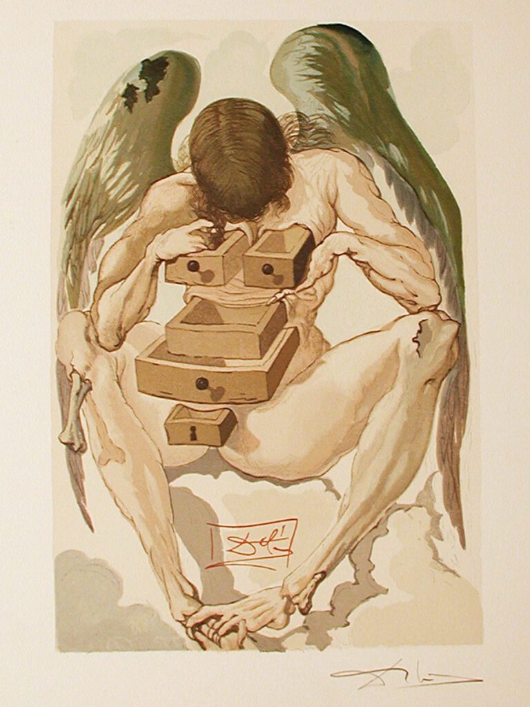 A painting of an angel holding boxes and sitting on the ground.