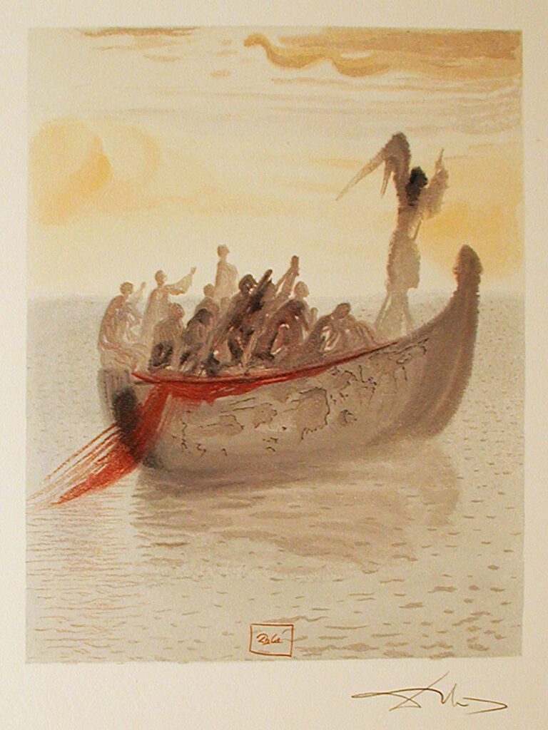 A painting of people in a boat with one person bleeding from the back.